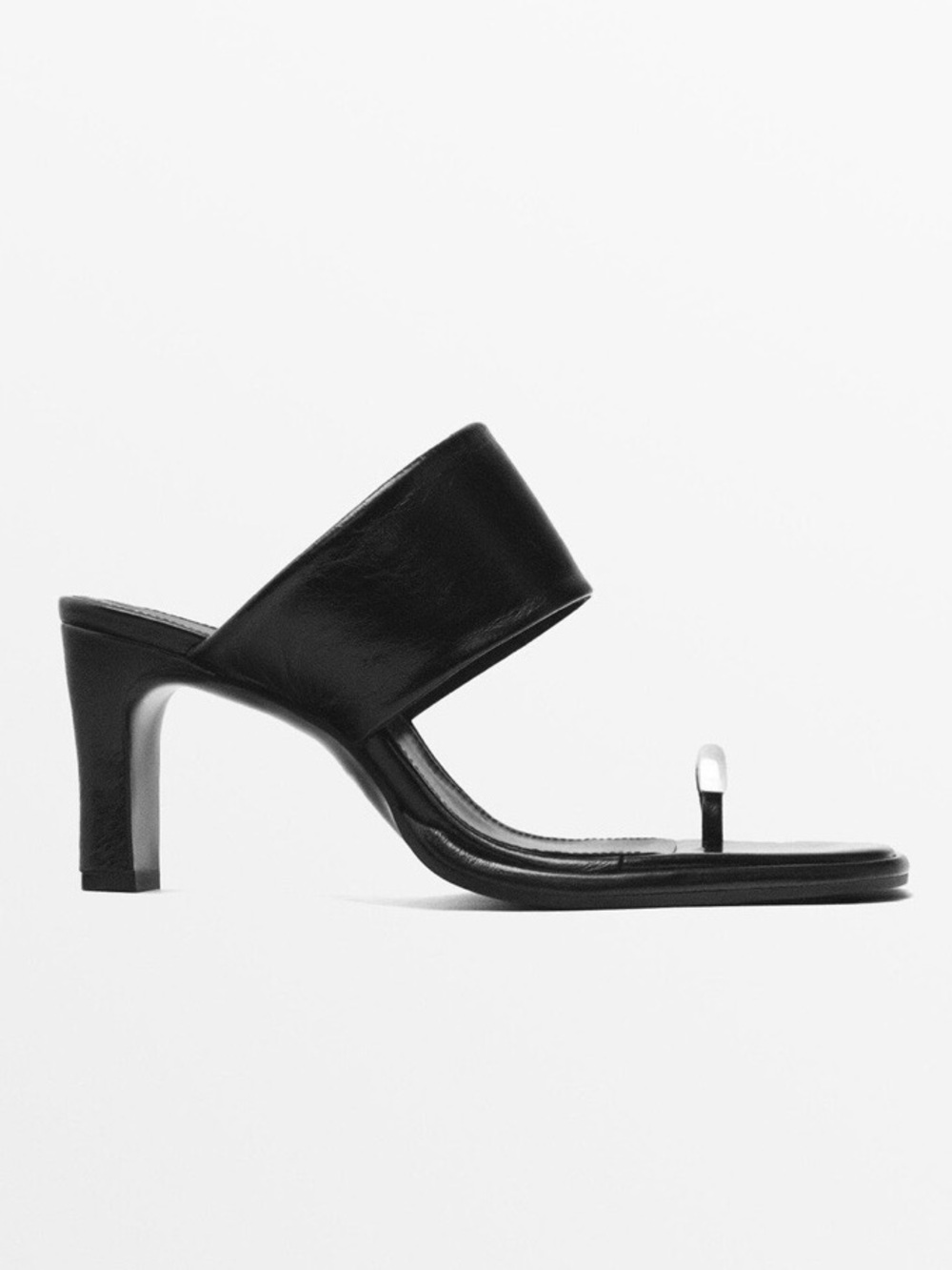 Massimo Dutti Dark Brown Leather Silver Toe-Ring Sculptured Heel Mules